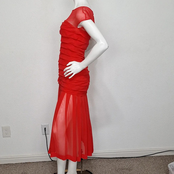 Carmen Marc Valvo Classic Red Romantic Cocktail Sheer Silk Feminine Midi Dress 6 - Picture 7 of 10